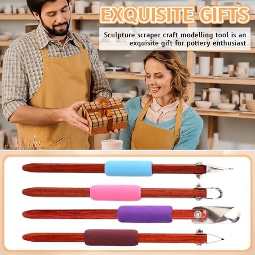 Lanties 4 Pcs Pottery Carving Tool Set Sculpture Scraper Craft Modelling Tools Red Pear Wood Texture Handle with Stainless Steel Blade for Clay Carving, Ceramic Sculpting, Graffito (Wonderful Color) - Image 6