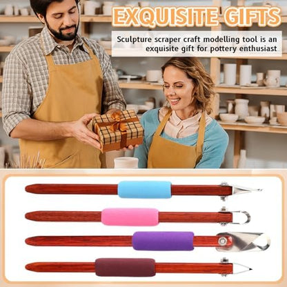 Lanties 4 Pcs Pottery Carving Tool Set Sculpture Scraper Craft Modelling Tools Red Pear Wood Texture Handle with Stainless Steel Blade for Clay Carving, Ceramic Sculpting, Graffito (Wonderful Color) - Image 6