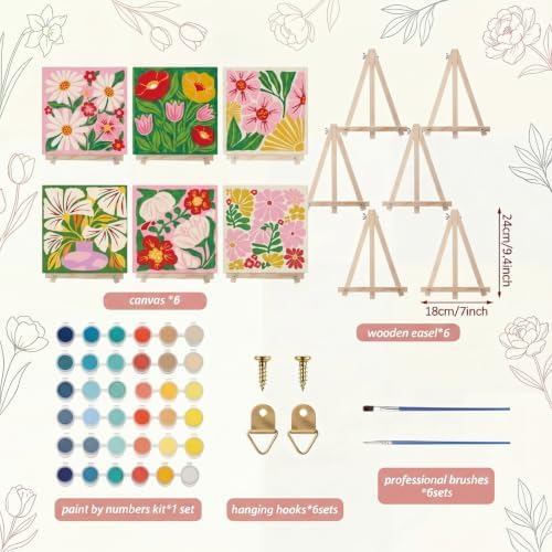 YooNotee 6 Pack Flowers Paint by Numbers Kit on Canvas with Wooden Easels & Brushes, 8x8 Inch Canvas Art Set for Adults DIY Flowers Acrylic Painting for Home Wall Decor - Image 2