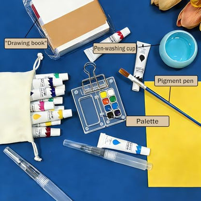Portable Mini Watercolor Paint Set - All-in-One Travel Kit with Paints, Brushes, Palette, Bag, and Water Container - Perfect for Artists and Beginners-8 Grids - Image 6