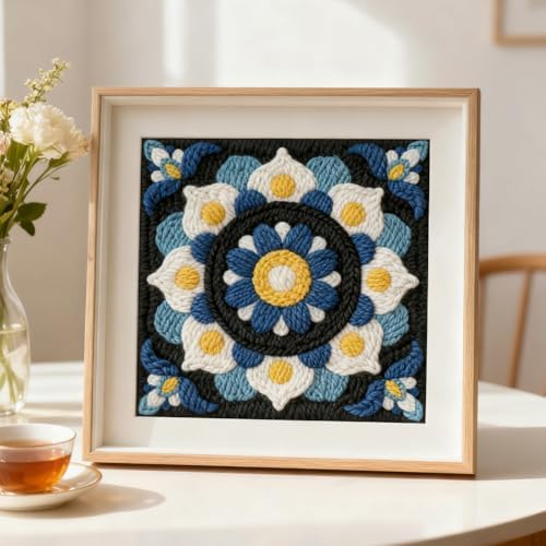 INFUNLY Mandala Punch Needle Kit Blue White DIY Embroidery Punch Needle Set for Adults Square 9.4" Punches Stitching Starter Kits with Easy to Follow Instructions Yarns Fabric Festival Gift Home Decor - Image 5