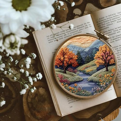 FONNUY Embroidery Kit for Beginners, Boho Nature Landscape Pre-Stamped Pattern Kits for Adults with Hoop, Easy to Follow Color Thread Needlework, 8'' Hoop (Mountain Trail) - Image 5