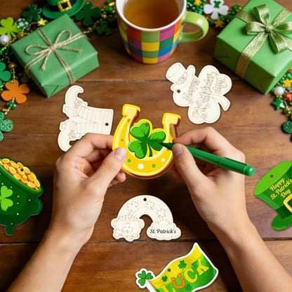 80PCS Wooden St. Patrick's Day Ornaments to Paint Shamrock Cutout Decorations,10 Styles DIY Blank Unfinished Wood Shamrock Cutouts Ornament for Tree Home Crafts Hanging, Hat Beer Gifts Indoor Spring - Image 5