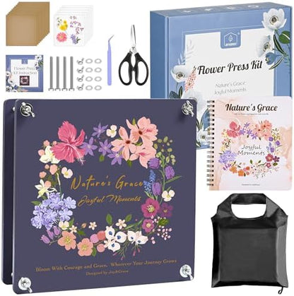 Joy&Grace Flower Press Kit for Adults, with Designed Cover and DIY Album, 10.9" x 10.9" 10 Layers Flower Preservation Kit, Plant Press and Large Plant Drying Toolkit (Color Box, Purple Navy) by JoyGrace