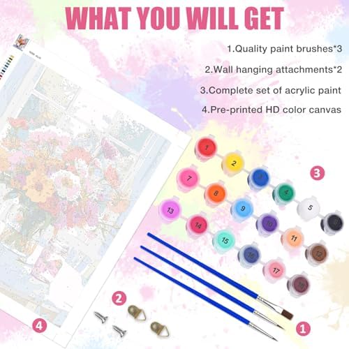 Lxmsja Colorful Flowers Paint by Numbers Kit for Adults, Mason Jars Acrylic Paint by Numbers for Adults Beginner, DIY Craft Supplies Oil Painting Kits for Home Wall Decor 16x20 inch (No Frame) - Image 5