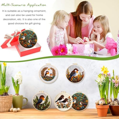 Eforcase Wool Felt Painting Needle Felting Kit, Cute Bird Floral Flowers Felt Painting Kit for Adult Beginner Unfinished DIY Craft Project Home Decoration - Image 7