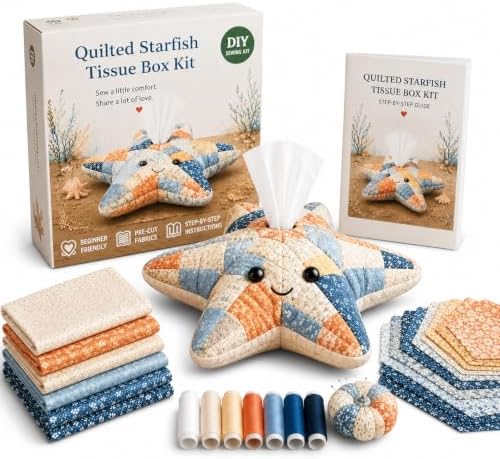 Saiiko Tissue Box Cover DIY Sewing Kit, Boho Fabric Patchwork Craft Kit for Adults Beginners, Beach Home Decor for Nightstand, End Table and Desk (Starfish) by Saiiko