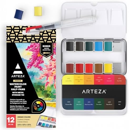 ARTEZA Watercolor Paint Set, 12 Half Pans, Tin Box and Water Brush Pen by ARTEZA