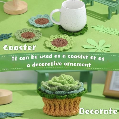 LUNARM Crochet Kit for Beginners, Crochet Start Green Plant Coasters Kits - Image 6