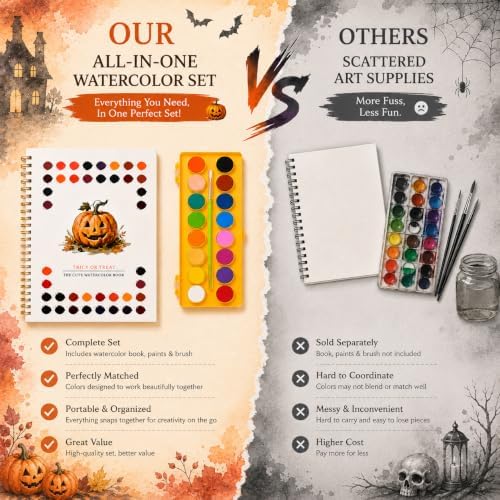 Halloween Pumpkin Watercolor Workbook, 16 Colors, 3 Brushes - Image 6
