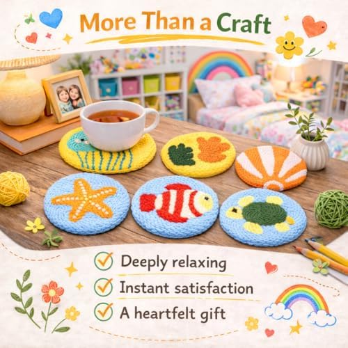 Punch Needle Coaster Kit for Adults Beginners, Easy Punch Embroidery Starter Set with Instructions – Fun Mug Rug Making Kit for Table Decor & Festival DIY Gifts (6pcs Marine Life) - Image 2