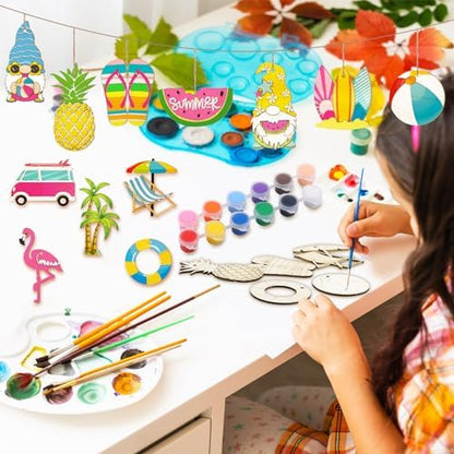 JellyArch 36 Pcs Summer Wood Cutouts Crafts for Kids, Hawaiian Blank Unfinished Wooden Shapes Slices, Tropical Beach DIY Crafts Paint Ornaments Hanging Embellishment for School Home Party Decors - Image 5
