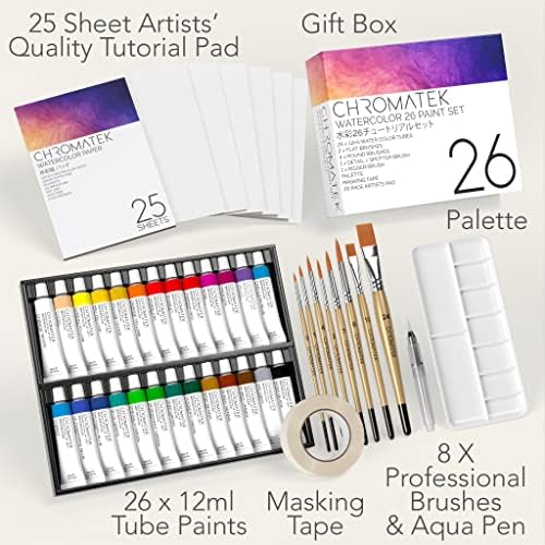 CHROMATEK Watercolor Paint Set - 62 Piece Kit for Adults, Beginner & Professional Artists - 26 Tubes (12ml), 25 Pages Sketch Pad, 8 Painting Brushes, Aquapen, Palette, Masking Tape - Art Supplies - Image 2