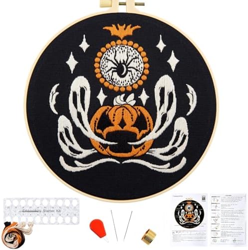Halloween Embroidery Kits for Beginners Adults, Ghost Embroidery Starter Kits, Halloween Cross Stitch Kits for Beginners Adults Hobbies for Women, Embroidery Fabric, Threads, Hoops and Video Tutorial by Unknown