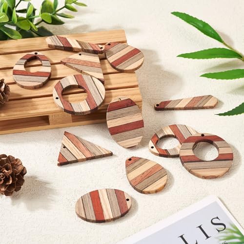 FASHEWELRY 12Pcs Striped Resin Wood Earring Charms Boho Wooden Earring Blanks Geometric Wooden Earring Pieces Vintage Bohemian Charms for DIY Jewelry Making (Khaki) - Image 6