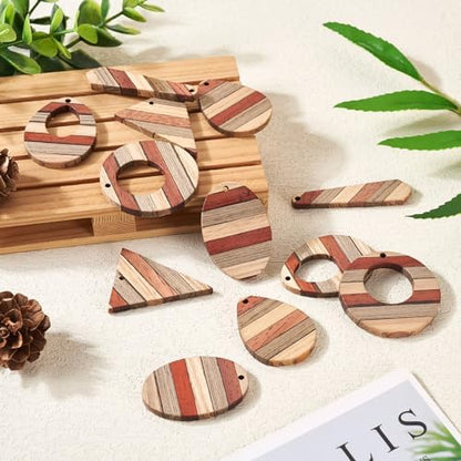 FASHEWELRY 12Pcs Striped Resin Wood Earring Charms Boho Wooden Earring Blanks Geometric Wooden Earring Pieces Vintage Bohemian Charms for DIY Jewelry Making (Khaki) - Image 6