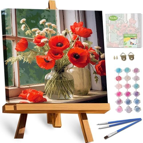 TOCARE Framed Paint by Numbers Kit for Adults Beginners, 12x12inch Red Flower Paint by Number with Frame,Easy Window Flowers Poppies Paint by Numbers Framed Canvas (Without Easel) by TOCAREDirect