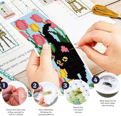 ACRNIGHEET 6PCS Cross Stitch Bookmark Kit for Beginner Stamped Cross Stitch Kits for Adults Cat & Floral DIY Tassel Embroidery Bookmark Kits Needlepoint Kit with Instructions Craft Gift 8.5''x3'' 11CT - Image 4