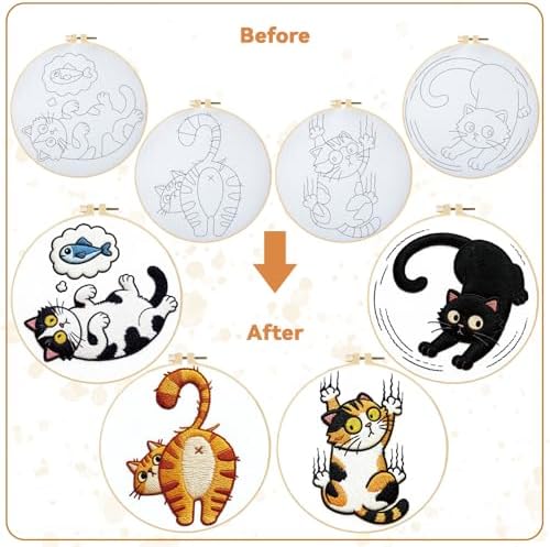 BEUNITONE 4PCS Fun and Funny Cat Embroidery Kit for Beginners, Cute Pre-Print Cat Pattern Hand Embroidery Kits with Hoop and Instruction, DIY Needlepoint Craft Kit for Gifts and Home Decor - Image 4