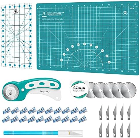 Headley Tools Rotary Cutter Set - 45mm Fabric Cutter, 5 Extra Rotary Blades, A3 Cutting Mat, Quilting Ruler and Sewing Clips, Craft Knife Set, Ideal for Crafting, Sewing, Patchworking,Turquoise by HeadleyTools