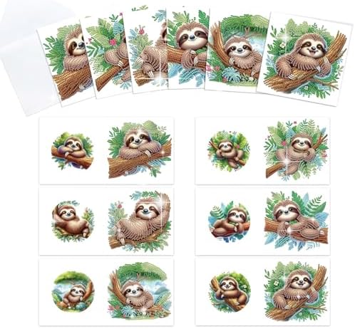 antor 6-Pack Sloth Diamond Art Greeting Cards – DIY 5D Diamond Painting Greeting Card Kits for Adults with Envelopes, Relaxing Rhinestone Card Kit Featuring Cute Hanging Sloths on Tree Branches by antor