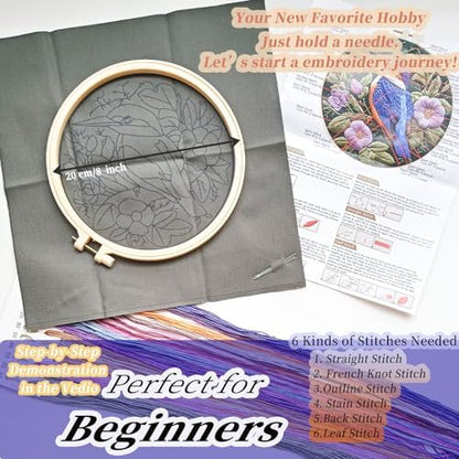 FONNUY Embroidery Kit for Beginners, Birds with Flowers Pre-Stamped Pattern Kits for Adults with Hoop, Easy to Follow Color Thread Needlework, 8'' Hoop (Purple 1) - Image 6
