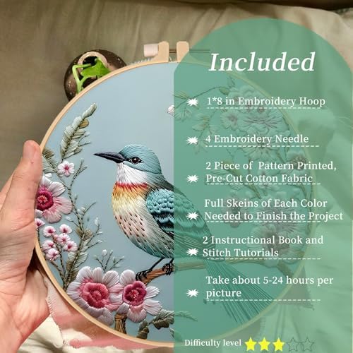 FONNUY Embroidery Kit for Beginners, Hummingbird Flowers Pre-Stamped Pattern Kits for Adults with Hoop, Easy to Follow Color Thread Needlework, 8''Hoop (Lightblue) - Image 2