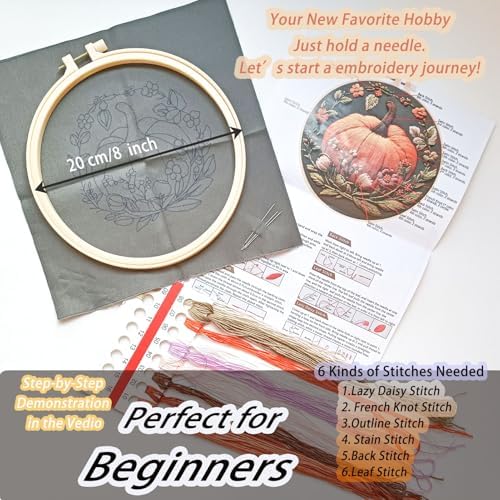 FONNUY Pumpkin Embroidery Kit for Beginners, Pre-Stamped Pattern Kits for Adults with Hoop, Easy to Follow Color Thread Needlework, 8'' Hoop (Orange) - Image 6