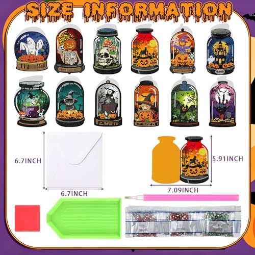 Saillong 12 Pack Halloween Diamond Painting Greeting Card Kits DIY Halloween Diamond Art Cards with Envelopes Bat Black Cat Pumpkin 5D Rhinestones Painting Kit for Adults DIY Craft Family Friend Gifts - Image 4