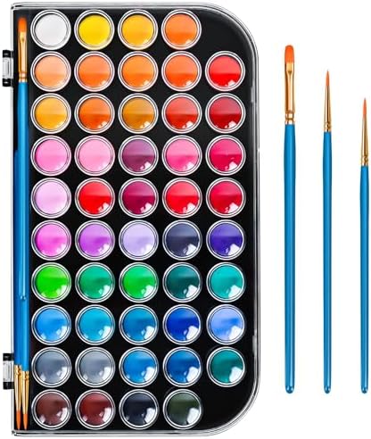 48 Color Solid Watercolor Paint Set with 3 Wooden Brushes for Adults Kids by Unknown