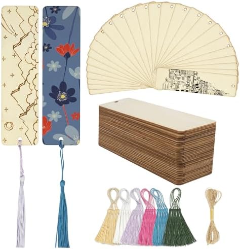 SWATOM Wood Bookmarks Blank DIY Wooden Bookmark Craft Bulk 30 PCS Unfinished Wood Tags Rectangle Shape Ornaments with Holes and Tassels for Wedding Party Birthday Decoration by SWATOM