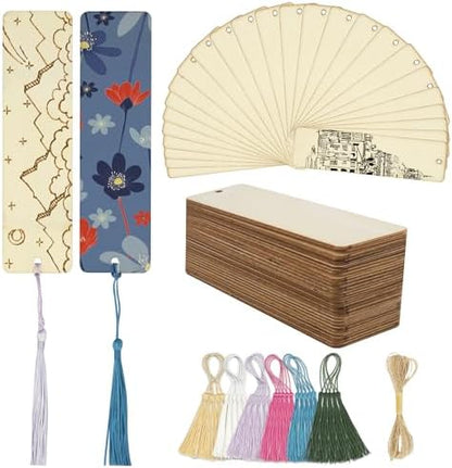 SWATOM Wood Bookmarks Blank DIY Wooden Bookmark Craft Bulk 30 PCS Unfinished Wood Tags Rectangle Shape Ornaments with Holes and Tassels for Wedding Party Birthday Decoration by SWATOM