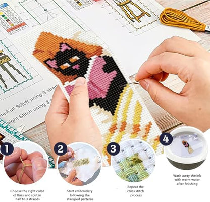 ACRNIGHEET 6PCS Cross Stitch Bookmark Kit for Beginner Stamped Cross Stitch Kits for Adults Cute Reading Cat DIY Tassel Embroidery Bookmark Kits Needlepoint Kit with Instructions Gift 8.5''x3'' 11CT - Image 4