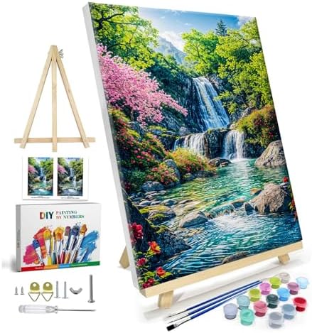 JOOZ Paint by Numbers Kit for Adults with Frame, Landscape Paint by Number with Easel, Mountain Waterfall Paint by Number Canvas, DIY Landscape Oil Painting Kit for Home Wall Decor 8x12 Inch by Jooz