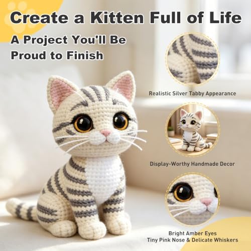 Morcolplus Realistic Cat Crochet Kit for Adults, Intermediate Amigurumi Crochet Kit with Step-by-Step Video Tutorials and All Materials Included, DIY Gift for Cat Lovers (Light Gray) - Image 2