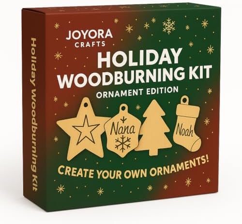 Holiday Woodburning Kit – Ornament Edition (Electric Woodburning Pen + 6 Birch Wood Blanks, Tips, Tracing & Practice Paper – DIY Christmas Ornaments for Kids & Adults – Pyrography Complete Starter Set by JOYORA