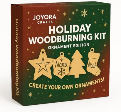Holiday Woodburning Kit – Ornament Edition (Electric Woodburning Pen + 6 Birch Wood Blanks, Tips, Tracing & Practice Paper – DIY Christmas Ornaments for Kids & Adults – Pyrography Complete Starter Set by JOYORA