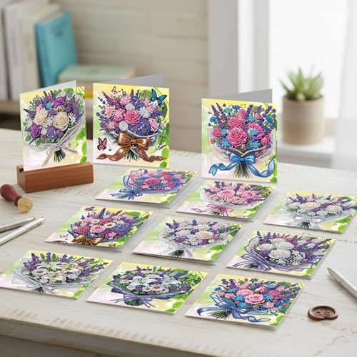 jinglinhh 12pcs Lavender Rose Lily Bouquet Diamond Art Painting Greeting Cards with Envelopes, DIY Card Making Kits for Adults, Diamond Art Christmas Cards for Birthday Holiday Postcards Craft Gifts - Image 6