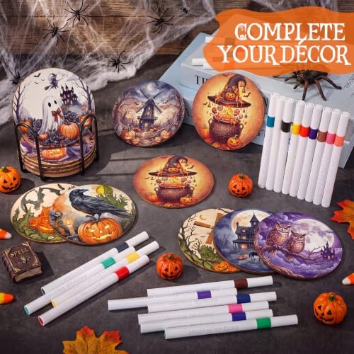 Reallnaive 45 Pcs Halloween Wooden Coasters Painting Kit, 10 Painting Coaster with Markers Holder Cork Pads Arts and Crafts DIY Gift for Adults Ornament Home Office Decor - Image 4