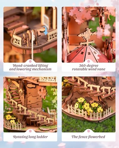 ROBOTIME DIY Miniature House Kits for Adults, 3D Wooden Puzzles for Teenager, Japanese Cherry Blossom Tree Sakura Bonsai Plants for Birthday Gifts and Hobbies (Sakura Tree House) - Image 6