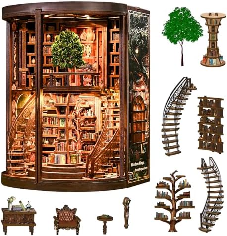 Book Nook Kit, 3D Wooden Puzzles for Adults, DIY Miniature House Kit for Adults, Booknook with LED Light, Gifts for Family, Friends and Book Lovers, Bookshelf Decor(Wisdom Rings) by Kaayeewood