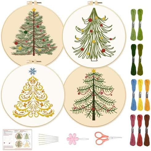 BEUNITONE 4PCS Christmas Tree Embroidery Kit Merry Christmas Stamped Snowflake Pine Tree Needlepoint Kit DIY Adult Beginner Stamped Cross Stitch Kit with Patterns and Instructions by BEUNITONE