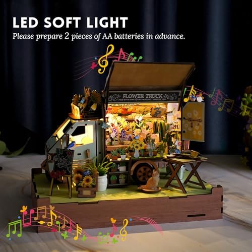 DIY Miniature House Kit (Flower Truck) Tiny Dollhouse Kits for Adults to Build, Mini Model Kits with LED&Music Box, Wooden Adults Crafts Puzzles, Birthday Gifts for Family Friends - Image 5