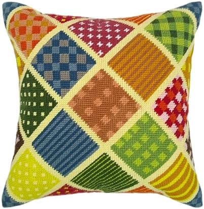 Howie's Needlepoint Needlepoint Kits for Adults Beginners, Thick Vintage Needlepoint Pillow Front Kit with Stamped Pattern on Canvas, Yarn, 2 Needles and Instruction, 16 x 16inch(Patchwork Grid) by HowiesNeedlepoint