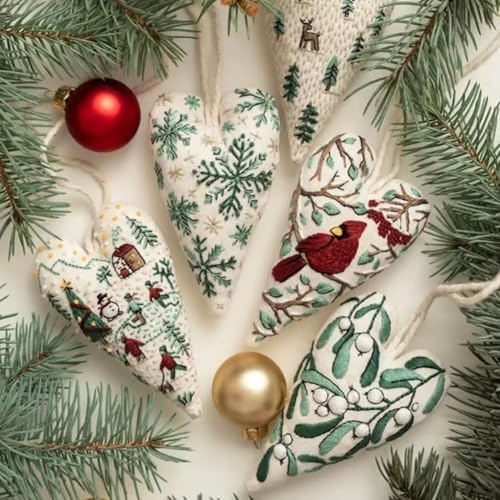 Froklic New Christmas Embroidery Kits, DIY Heart Shaped Hand Christmas Tree Embroidered Ornament Kit, Nativity Cross Stitch Kit for Winter Pattern Embroidery Decoration (with Needles-8PCS) - Image 4