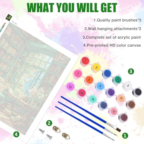 Lxmsja Books Room Paint by Numbers Kit for Adults, Tree Window Acrylic Paint by Numbers for Adults Beginner, DIY Craft Supplies Oil Painting Kits for Home Wall Decor 16x20 inch (No Frame) - Image 5