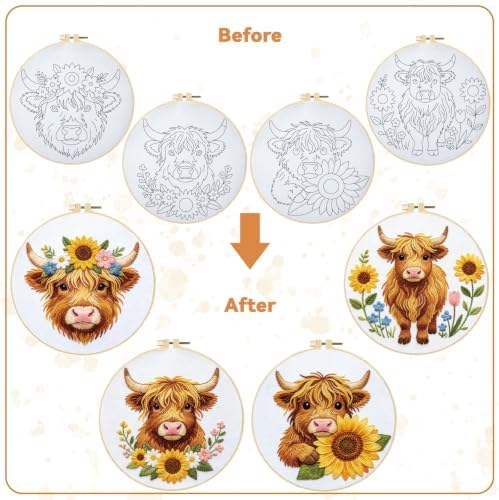 BEUNITONE 4pcs Embroidery Kit, Highland Cow & Sunflowers Stamped Embroidery Kits with Hoop, Thread & Needles, Colorful Cross Stitch Kits Sewing Gifts for Adults and Beginners, DIY Craft for Relaxation - Image 4