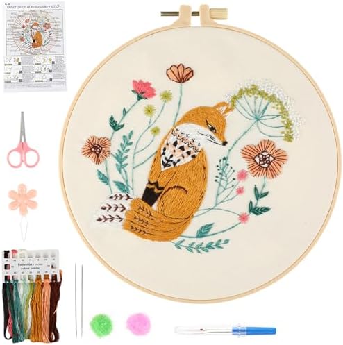 Beginner Fox Embroidery Kit for Adults, Pre-Printed with Video Tutorial by JOINRUN