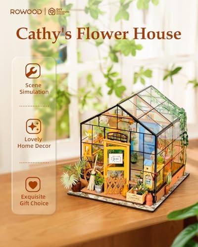 Rowood Miniature House Kit, Mother's Day DIY Miniature Greenhouse Dollhouse Kits for Adults, Wooden Crafts for Adults, Gifts on Birthday Christmas - Cathy's Flower House - Image 2