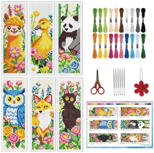 INFUNLY 6Pcs Animal Cross Stitch Bookmark Kit 3x8.5 Inch Stamped Embroidery Kit for Adults with Backing Felt Floss Pre Printed Fabric Needlepoint Bookmark Set DIY Craft Gift for Readers Writers by INFUNLY